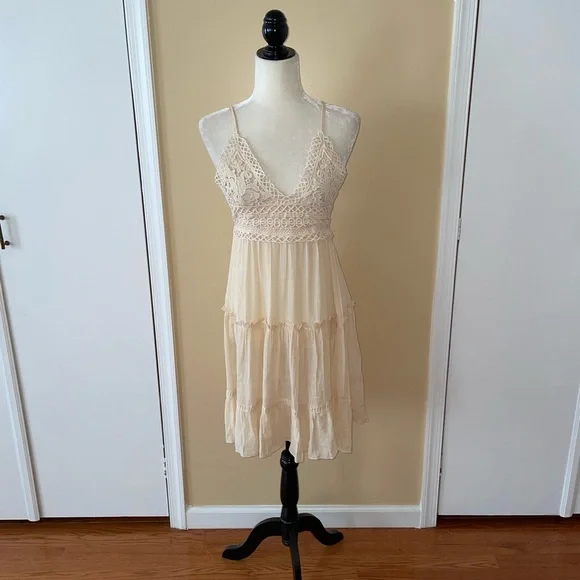 Beige Crochet Top Backless Mini Beach Coverup Dress - Picture 2 of 11